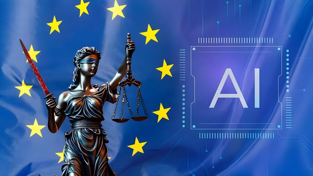 Lady Justice statue in front of the European Union flag next to a digital microchip icon labeled AI.