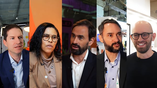 Five vertical panels showing diverse professionals speaking during interviews at a technology industry conference.