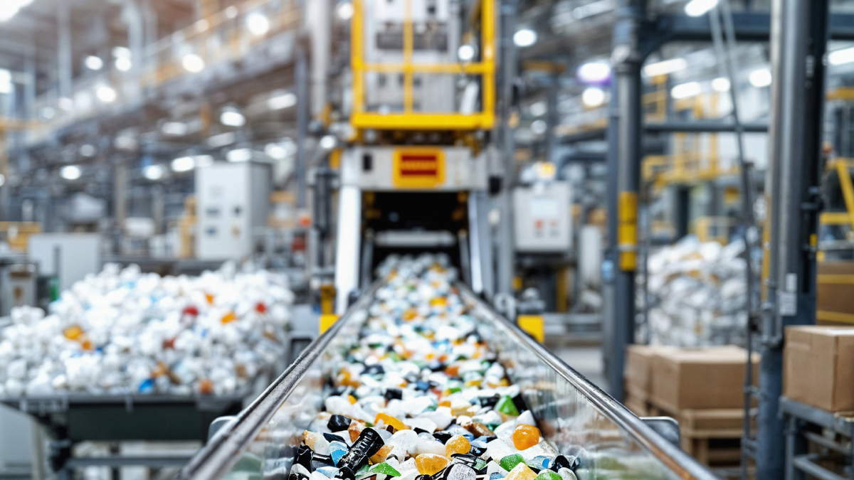 Recyclable plastic materials move along a conveyor belt toward sorting machinery at a waste processing facility