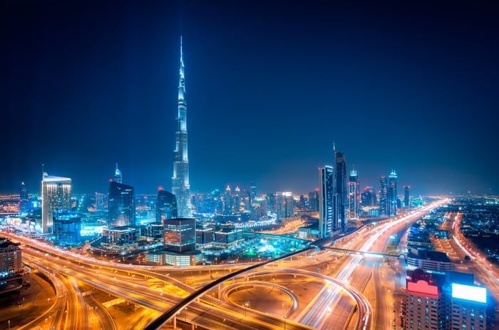 Dubai at night with smart street lighting