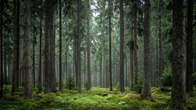 Tall coniferous trees in a dense green forest with a moss-covered ground and soft overcast light filtering through the canopy