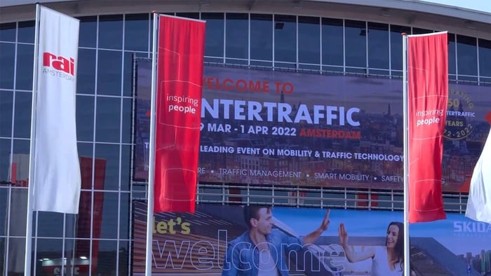The Rai event hall in Amsterdam with a banner that says Intertraffic on its facade.