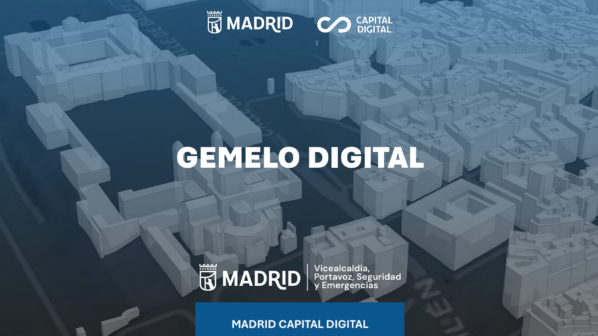 3D digital twin model of Madrid buildings with text reading Gemelo Digital and Madrid Capital Digital logos.