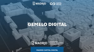 3D digital twin model of Madrid buildings with text reading Gemelo Digital and Madrid Capital Digital logos.