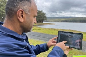 Melbourne Water Ram Ramzan reviews drone footage of Silvan Dam
