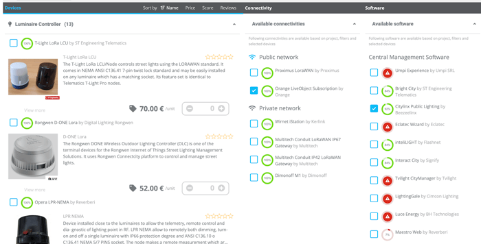 Snapshot of a screen from Kurrant IoT Architect comparing IoT products