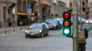 Traffic light showing green, orange, and red signals on a pole with blurred cars and buildings in the background.