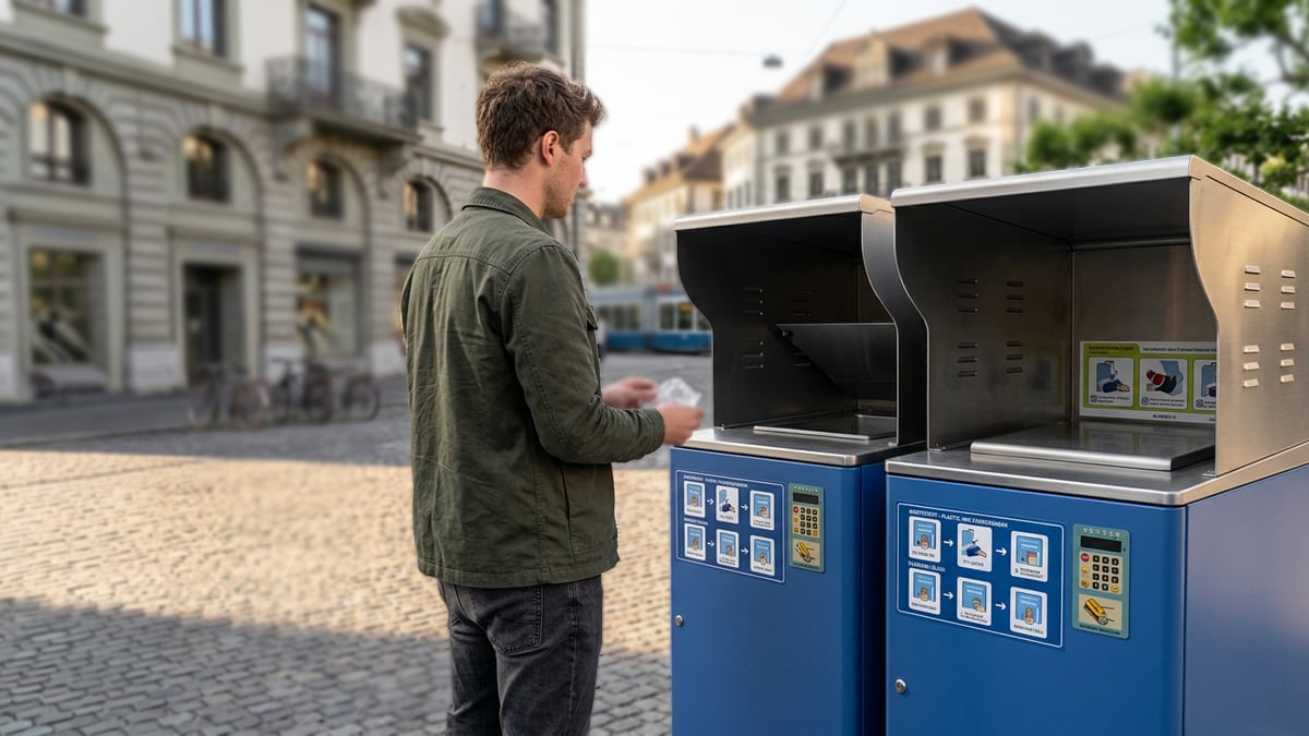 A man in a city square uses a blue smart waste bin with multiple compartments and a digital keypad.