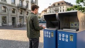 A man in a city square uses a blue smart waste bin with multiple compartments and a digital keypad.