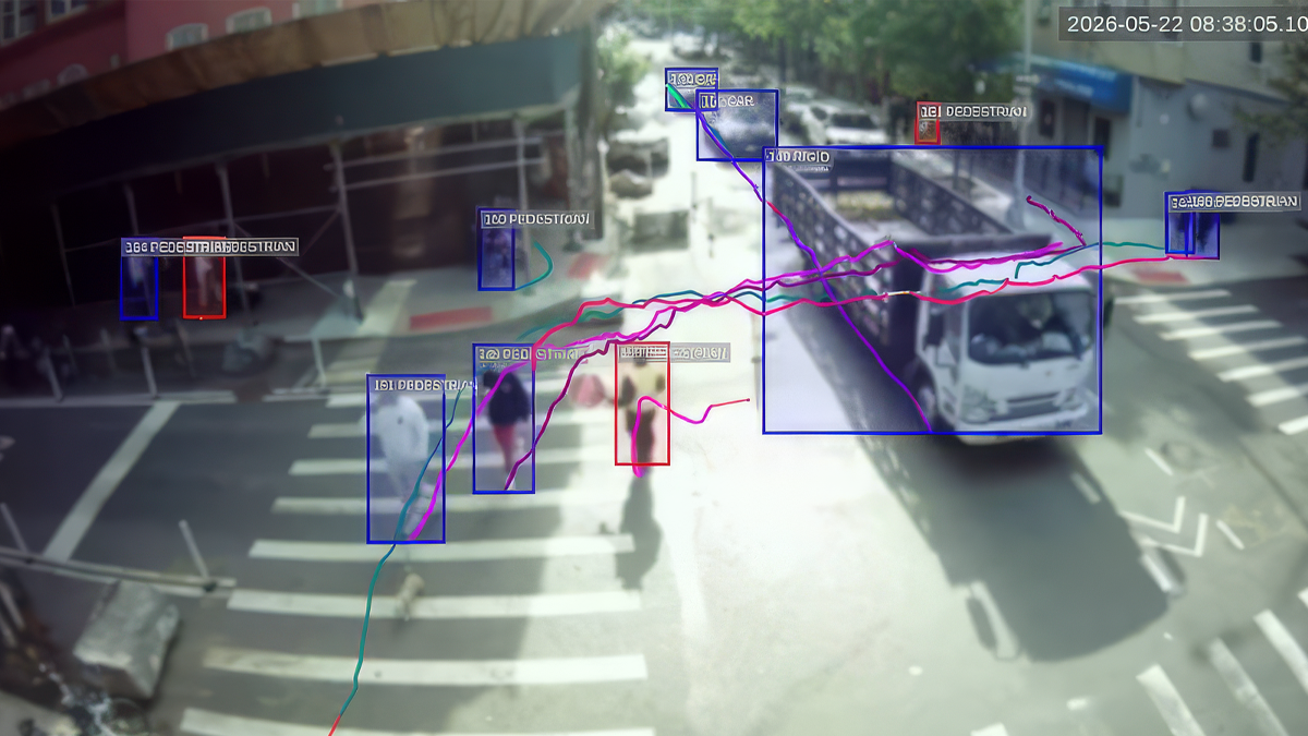 VIvacity AI traffic sensor camera view tracking pedestrians and a flatbed truck at a New York City crosswalk with bounding boxes