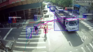 VIvacity AI traffic sensor camera view tracking pedestrians and a flatbed truck at a New York City crosswalk with bounding boxes