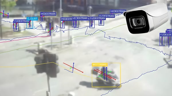 Security camera overlaying a street view with AI bounding boxes and labels identifying pedestrians and a motorcycle.