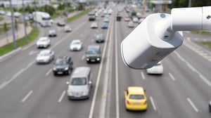 A white security camera mounted above a busy multi-lane highway overlooking blurred traffic.