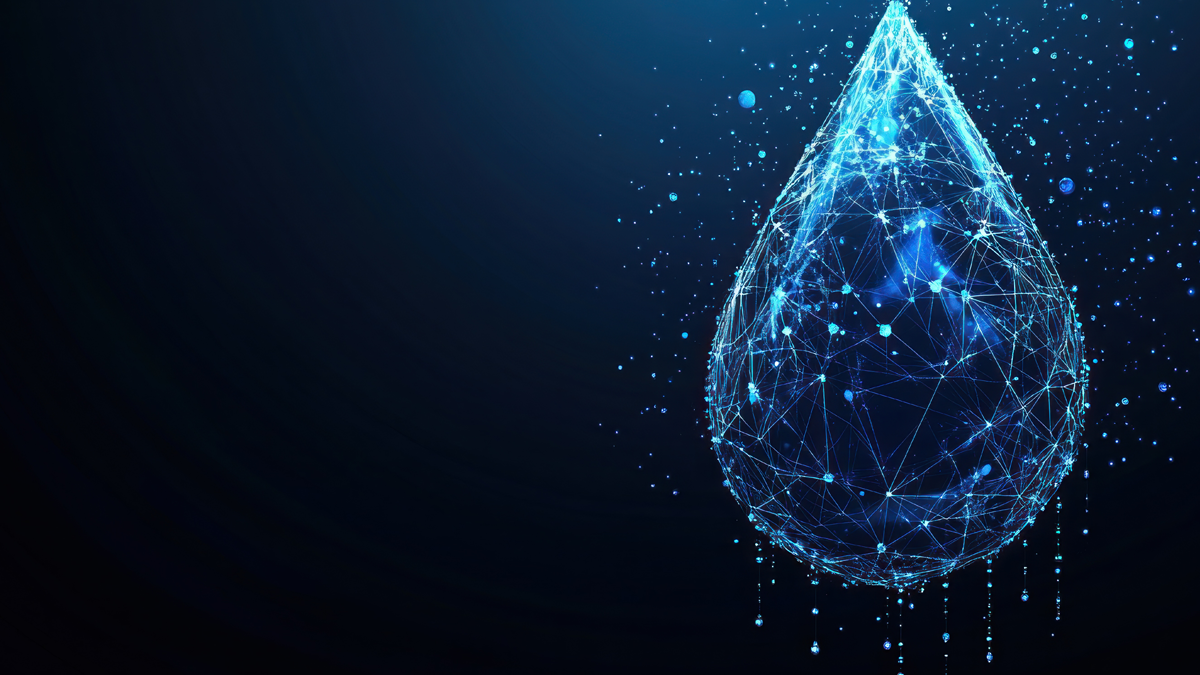 Glowing digital water droplet made of wireframe network lines and glowing nodes against a dark blue background.