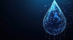 Glowing digital water droplet made of wireframe network lines and glowing nodes against a dark blue background.