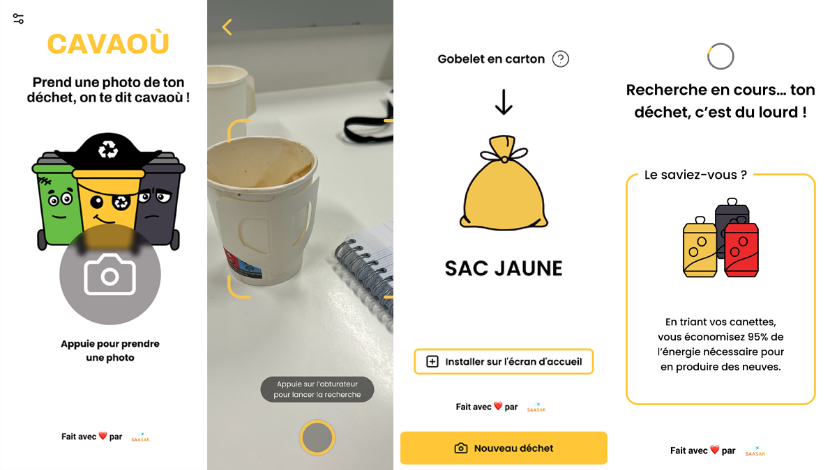 Four screenshots of the Çavaoù mobile app interface showing waste scanning and sorting instructions in French