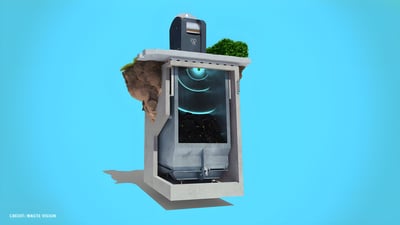 Cross-section illustration of a Waste-Logics smart bin with an internal radar sensor measuring fill levels.