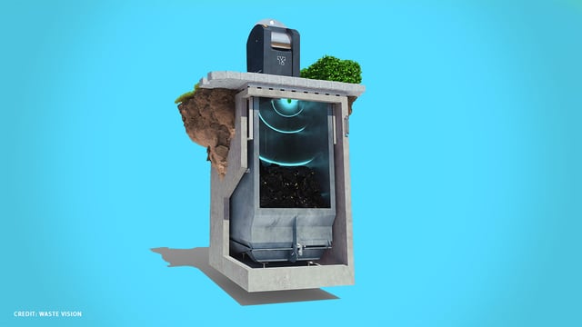 Illustration of a smart waste bin equipped with a fill level sensor.