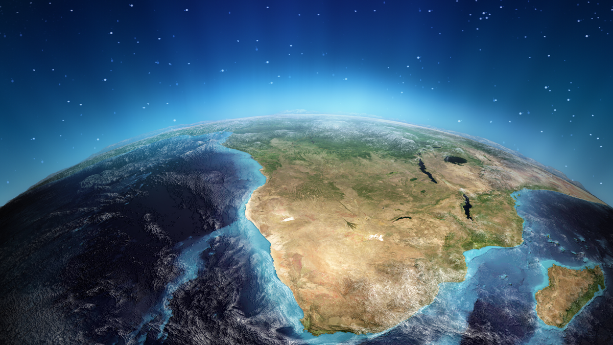 Satellite view of the southern African continent on Earth from space with a blue atmosphere and starry background