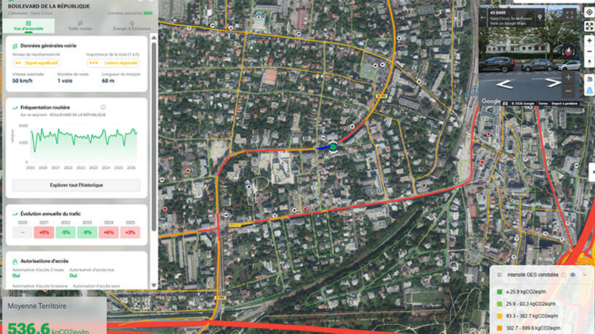 Screenshot of the NEXQT mobility platform interface showing a digital traffic map of Saint-Cloud with data charts
