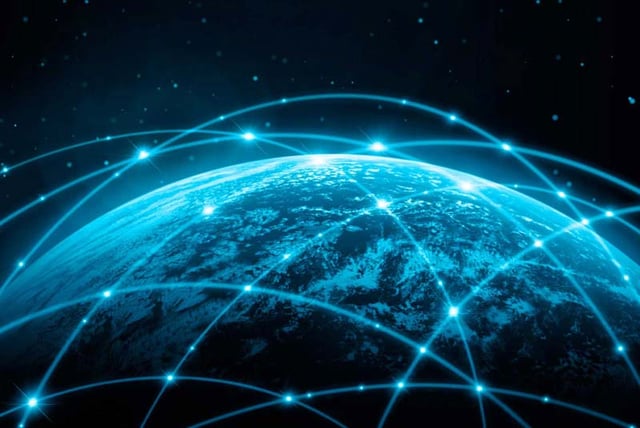 Digital illustration of Earth from space with glowing blue network lines and data points connecting across the globe.