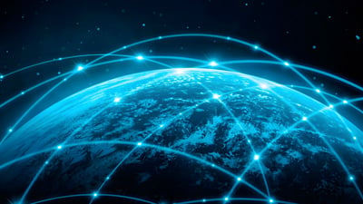 Digital illustration of Earth from space with glowing blue network lines and data points connecting across the globe.