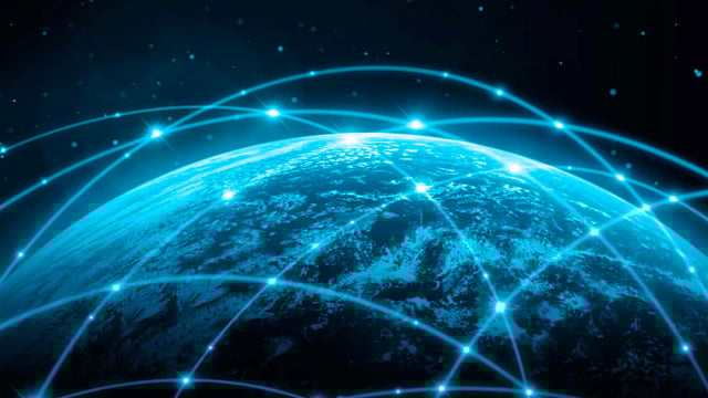 An illustration of the earth from space and iot satellites circling around it.