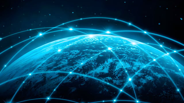 Digital illustration of Earth from space with glowing blue network lines and data points connecting across the globe.