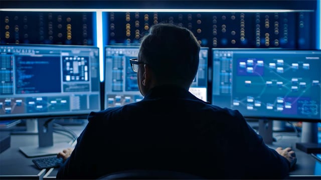 A cybersecurity expert monitoring the iot network of a smart city from screens in a supervision center