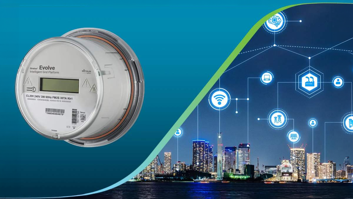 A Sensus Evolve smart meter next to a graphic of a connected city skyline with digital network icons at night