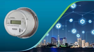 A Sensus Evolve smart meter next to a graphic of a connected city skyline with digital network icons at night