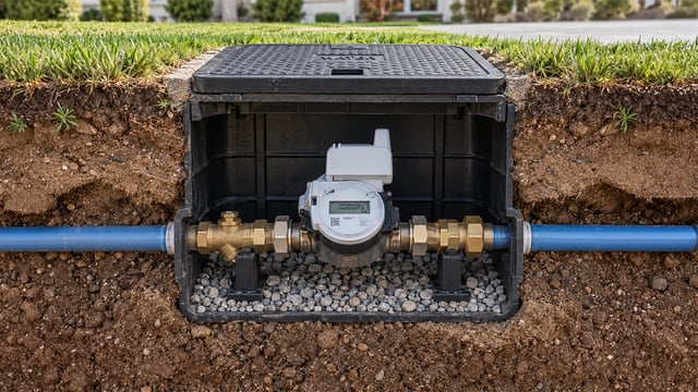 Cross-sectional view of a smart water meter installed underground inside a protective utility box beneath a grassy lawn. The digital water meter features wireless connectivity, an LCD display, and brass fittings connected to blue water pipes on both sides. The installation includes gravel bedding, surrounding soil, and a removable access cover at ground level, illustrating a modern smart water metering system for remote monitoring and water consumption tracking.