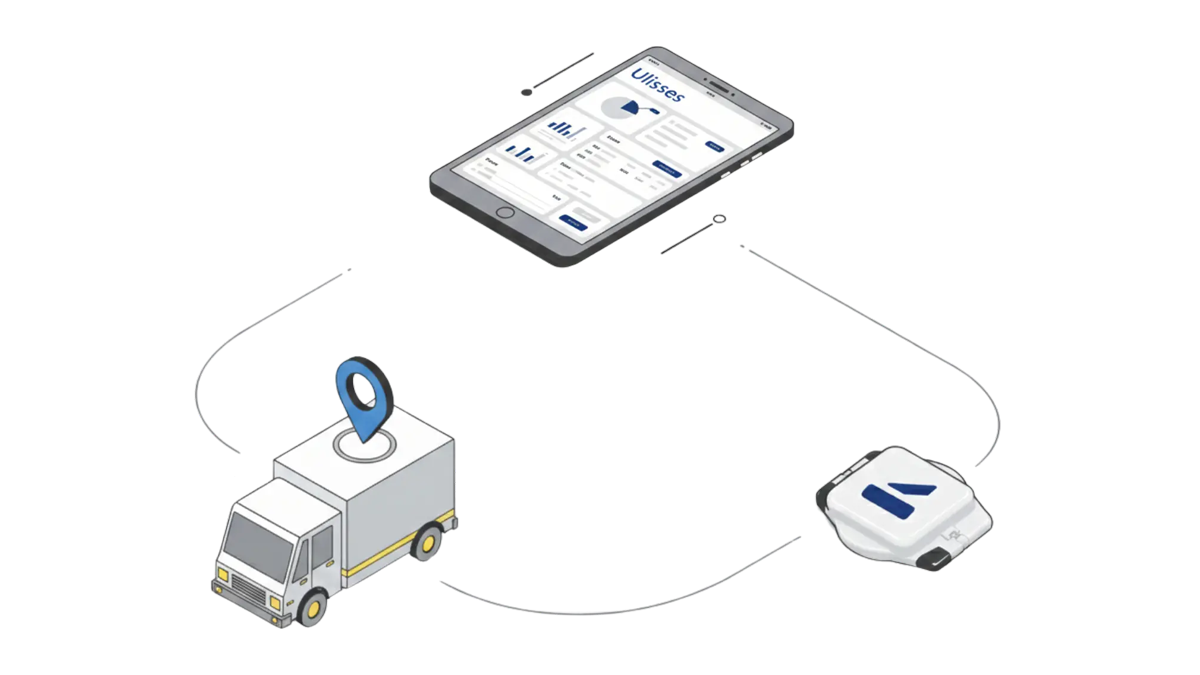 Isometric graphic of a delivery truck, a tracking sensor, and a tablet displaying the Ulisses fleet management app