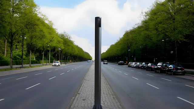 A slim black smart pole stands on a paved median between two multi-lane city roads lined with green trees and parked cars.