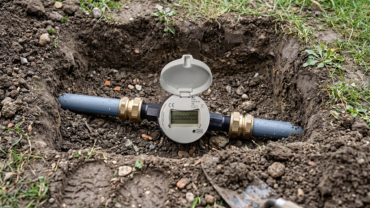 A digital smart water meter with an open lid installed on an underground pipe in a freshly dug dirt trench