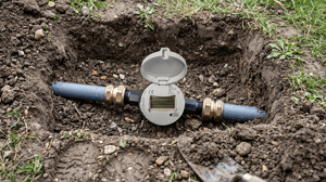 A digital smart water meter with an open lid installed on an underground pipe in a freshly dug dirt trench