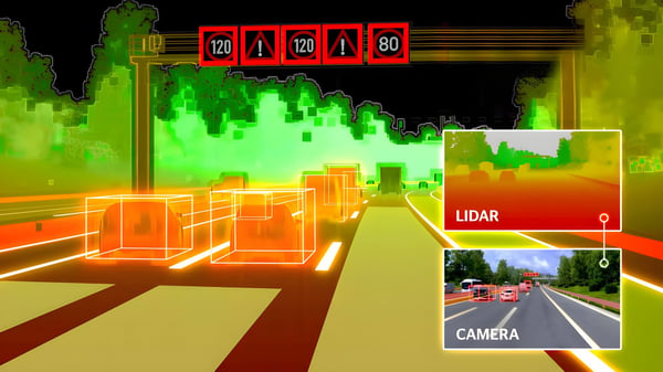 Lidar point cloud visualization of highway traffic with 3D bounding boxes around vehicles and a camera feed overlay.