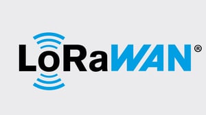 The official LoRaWAN logo featuring black and blue text with signal waves above and below the letter "o