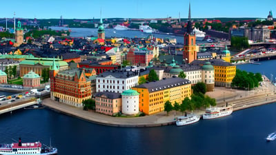 Aerial view of Stockholm's Gamla Stan waterfront featuring Riddarholmen Church and historic buildings along the Baltic Sea.