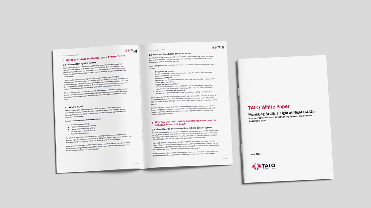 An open booklet and the front cover of a TALQ Consortium white paper on managing artificial light at night