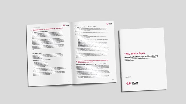 An open booklet and the front cover of a TALQ Consortium white paper on managing artificial light at night
