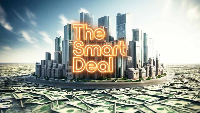 A photo of a city surrounded by money with the title the smart deal in neon