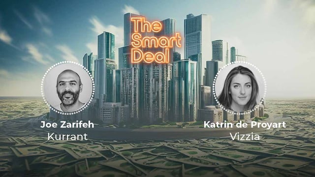 Podcast showing a photo of a city with money and guest Katrin de Proyart from Vizzia