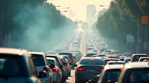 Heavy traffic congestion and exhaust smog on a tree-lined city avenue.