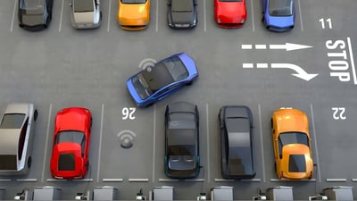 Top-down view of a smart parking lot with numbered stalls, parked cars, and a vehicle interacting with an in-ground sensor.
