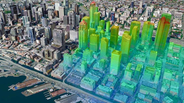 An areal image representing a smart city and its digital twins