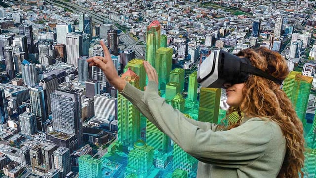 Female equipped with VR looking at a smart city