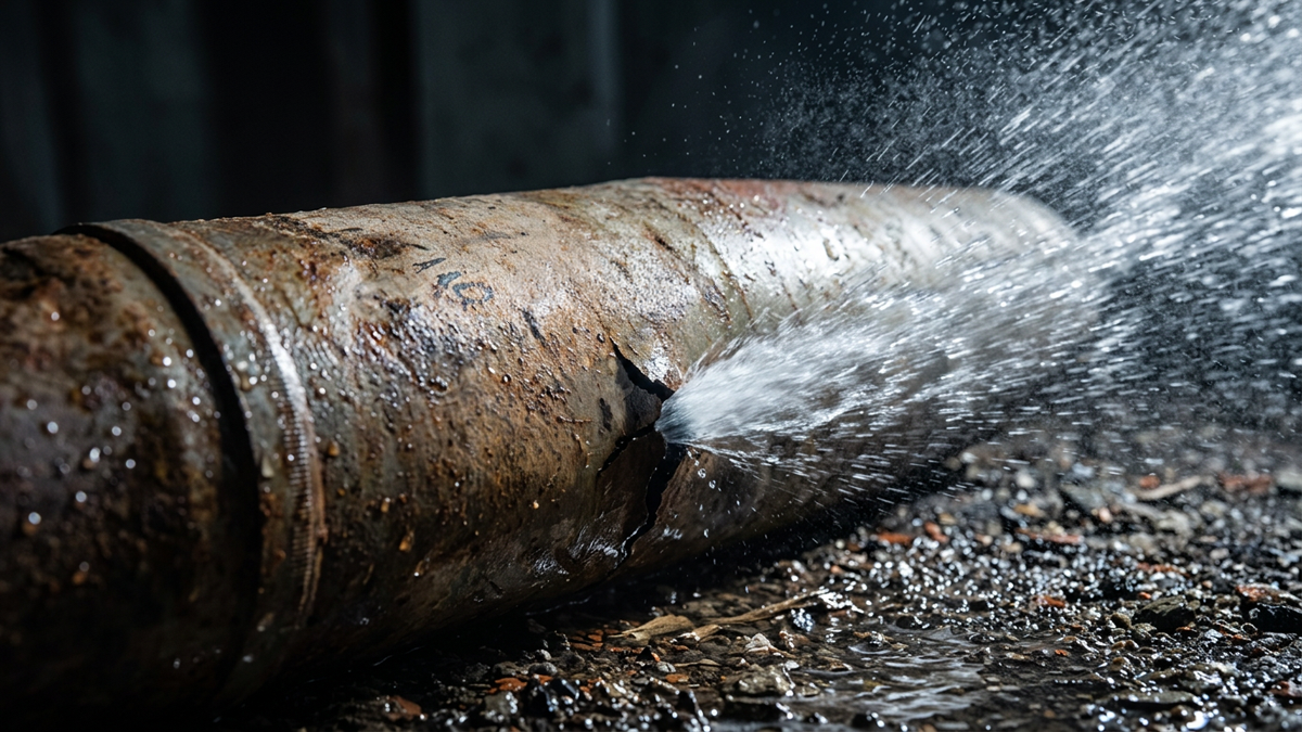 High-pressure water spraying out of a rupture in a corroded metal pipe lying on rocky ground.