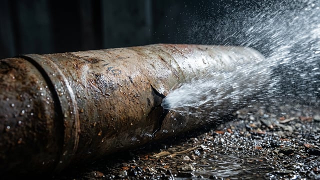 High-pressure water spraying out of a rupture in a corroded metal pipe lying on rocky ground.