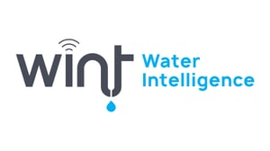Wint Water Intelligence logo with "wint" in dark grey, a pipe-shaped 'nt' dripping a blue water droplet, and "Water Intelligence" in blue.